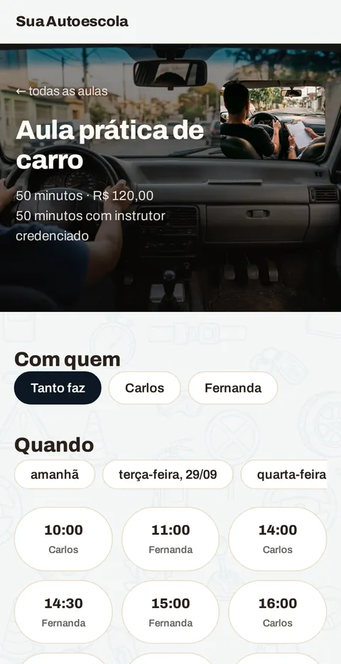 A escolha do horário no celular do cliente