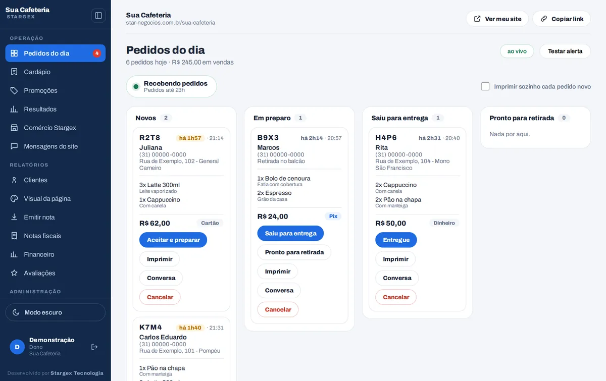 O painel da loja com os pedidos do dia em colunas