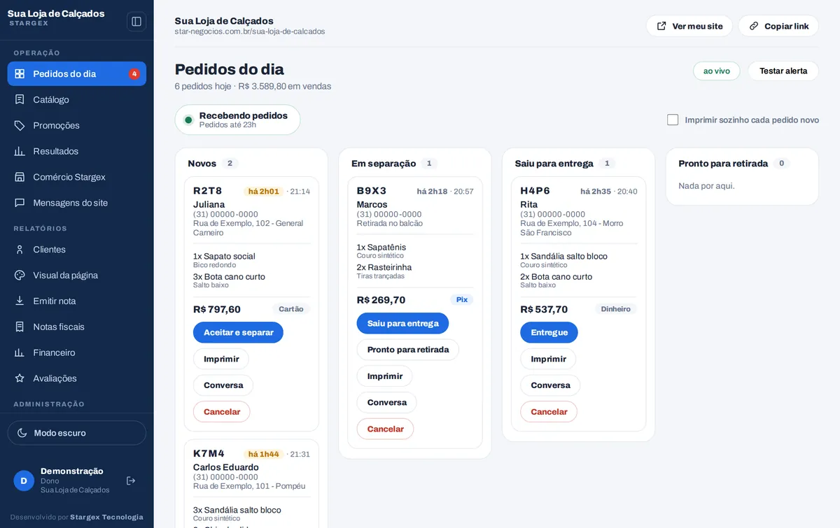 O painel da loja com os pedidos do dia em colunas