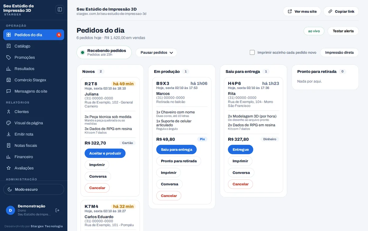 O painel da loja com os pedidos do dia em colunas