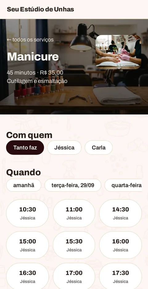A escolha do horário no celular do cliente