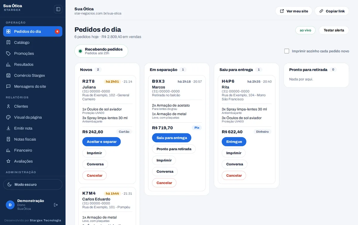 O painel da loja com os pedidos do dia em colunas