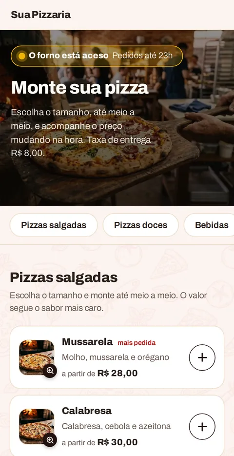 O cardápio da pizzaria no celular do cliente